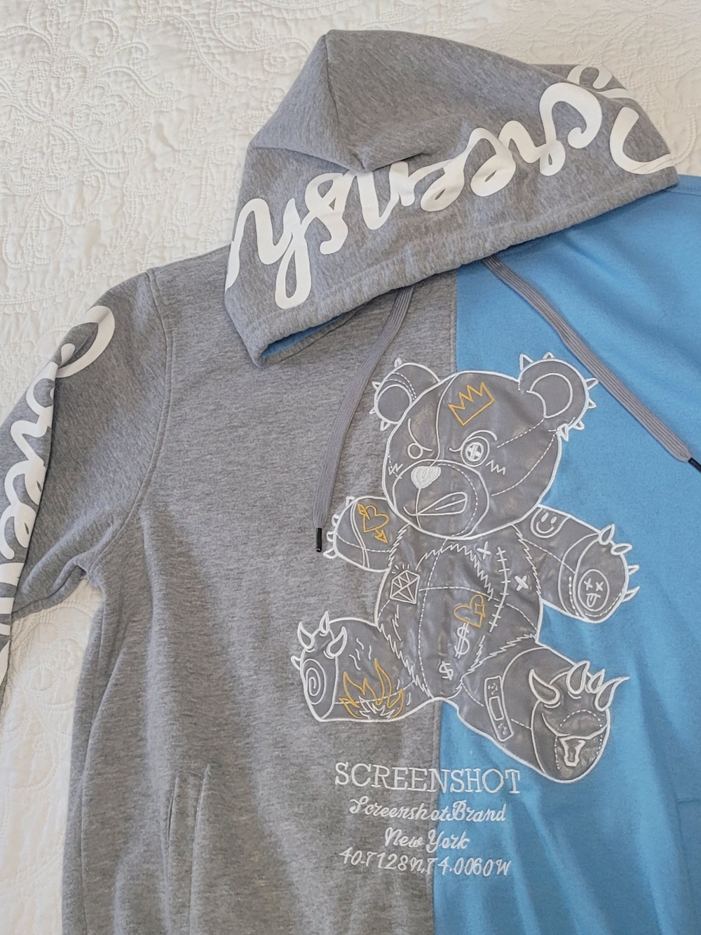 Screenshot Brand 2XL Color Block Bear Faux Leather Appliqué Hoodie